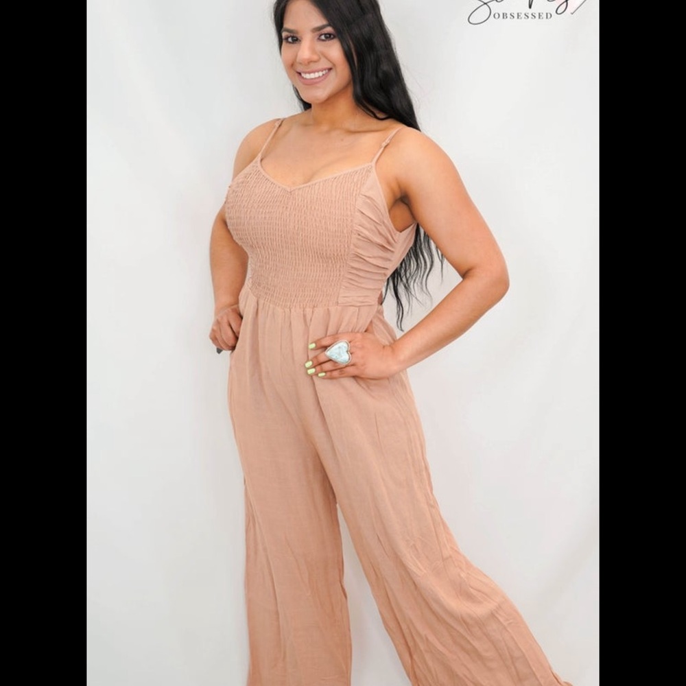 Heyson Beige Smocked Bust Flare Jumpsuit with back tie detail Small
